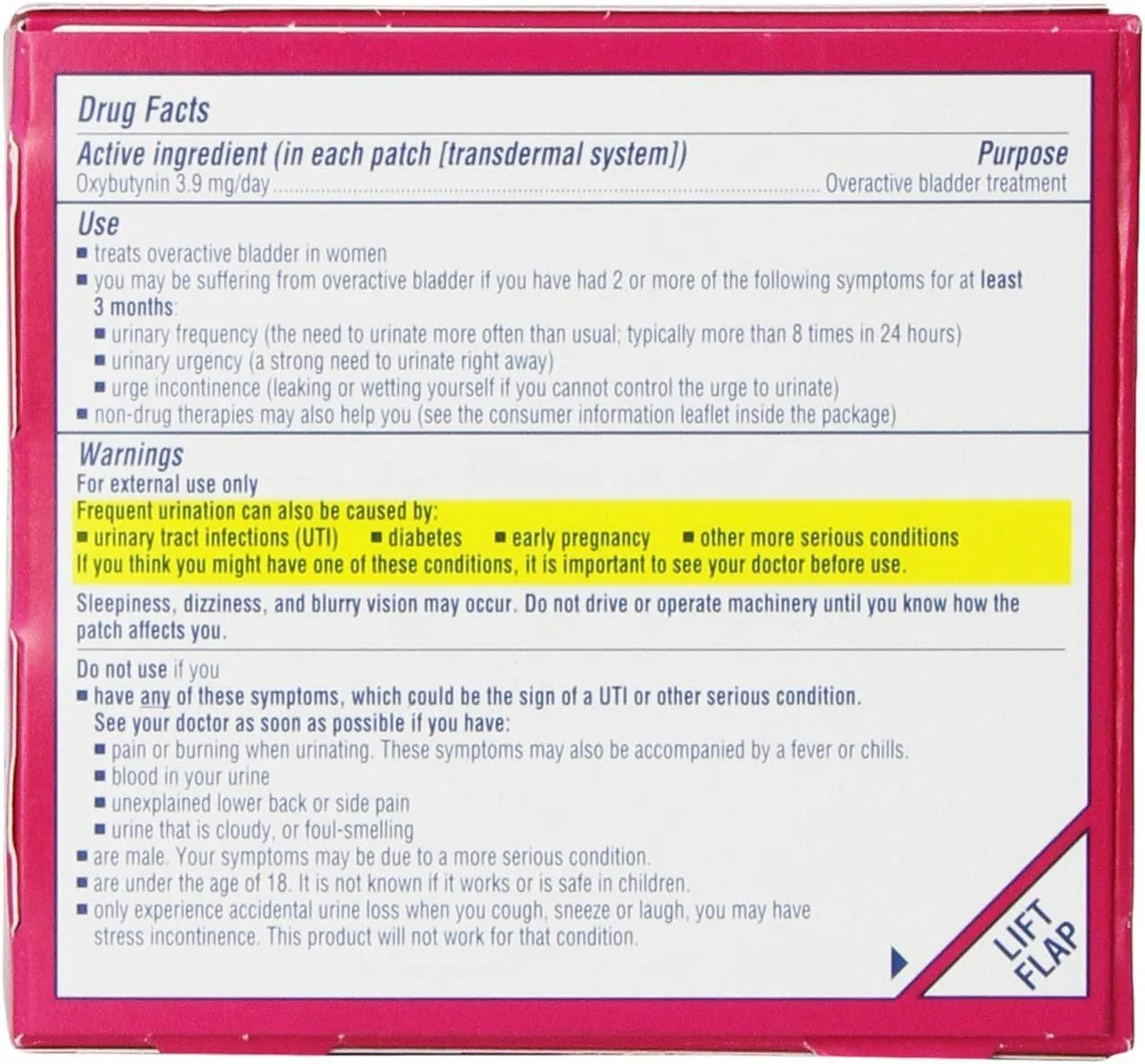 The back panel of the Oxytrol for Women box of 8 patches with the Drug Facts label