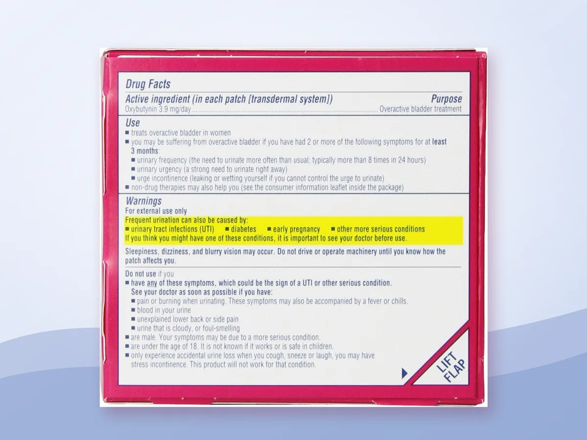The back panel of the Oxytrol for Women box with the Drug Facts label